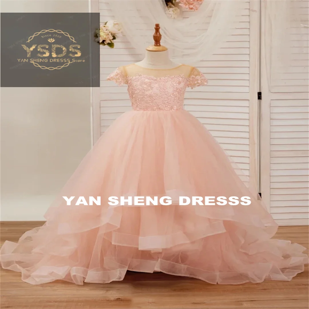 Customized Flower Girl Dresses Tulle Tiered Appliques With Trailing Blush Short Sleeve For Wedding Birthday Party Banquet Prince