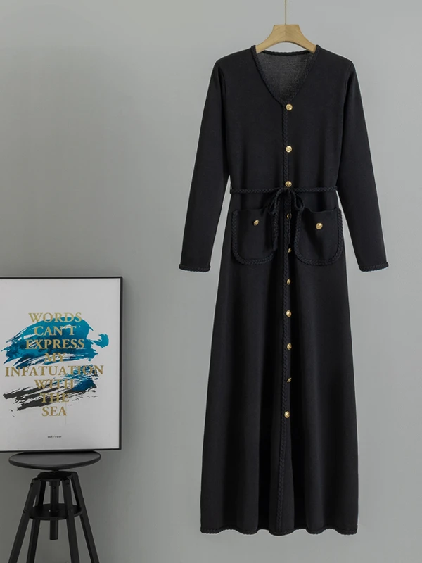 Wiosna 2025 Nowa Dzianinowa Bluza Dr. Loose Długi Sweter Jednorzędowy z Wysokim Stanem Wyszczuplający Warstwa Bazowa Długi Miękki Sweter z Dekoltem w Serek H-S...