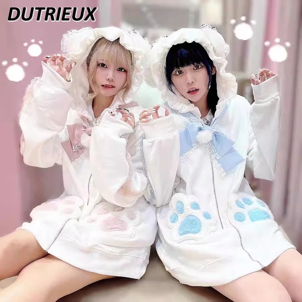 

Velvet Bow Embroidery Hooded Zipper Sweatshirt Fashion Autumn Winter Women's Coats Japanese Style Loose Casual hoodies for Lady