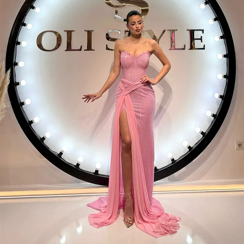 LAYXHS Glitter สีชมพูชุดราตรีอย่างเป็นทางการ Sweetheart Mermaid Side Slit ชุดราตรีที่กําหนดเอง robes de soirée