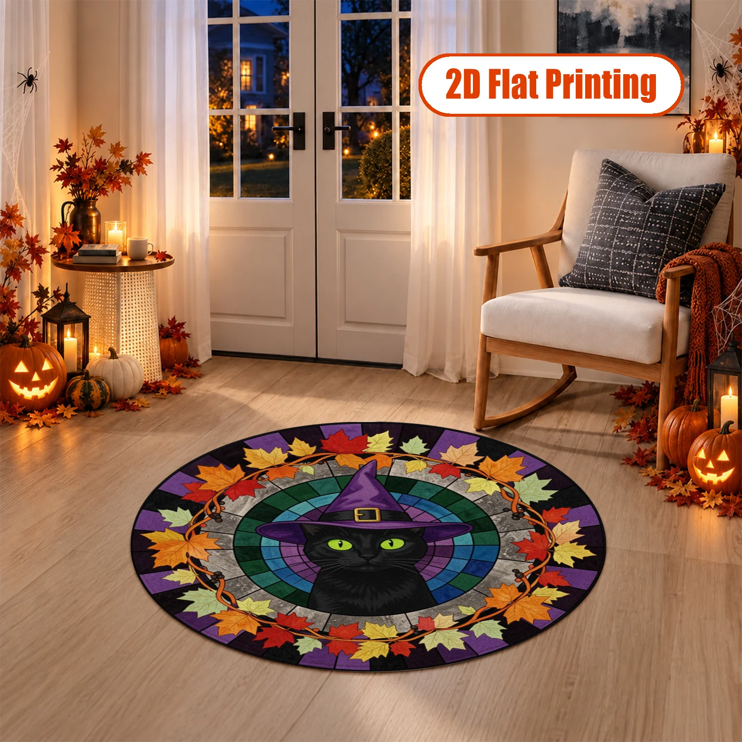 Stained Glass Black Cat Witch Hat Maple Leaves Round Velvet Rug Machine Washable Perfect for Living Room Bedroom Entryway Halloween Thanksgiving Christmas New Year Black Friday Cyber Monday