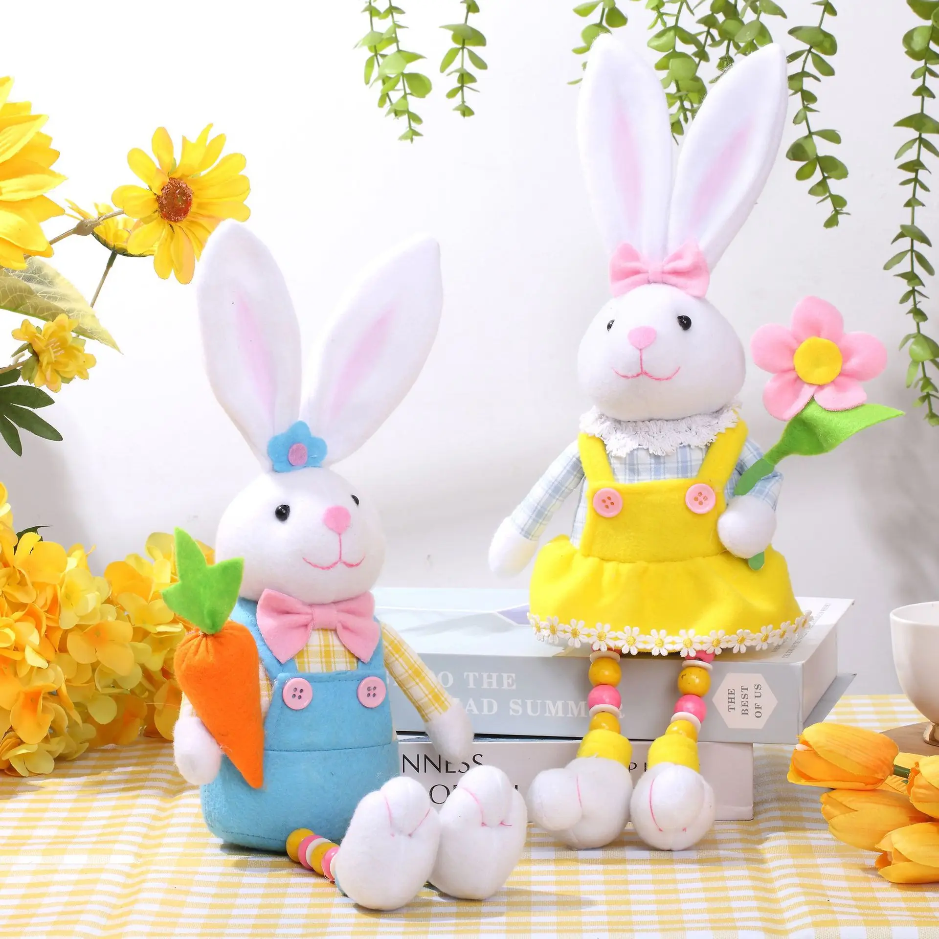 

Easter Rabbit Plushie Toy with Carrot Flower Decorations Spread Easter Happiness Adorable Animal Home Decorations