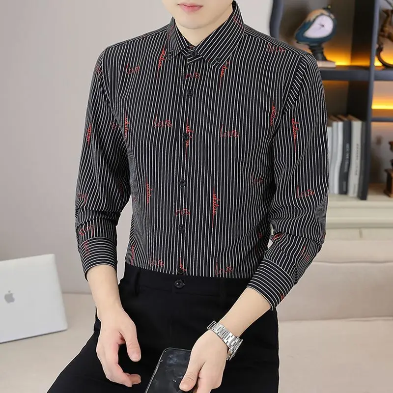 Fashion Lapel Striped Printed Button Long Sleeve Shirts Men's Clothing 2023 Autumn Winter Oversized Casual Tops Korean Shirt