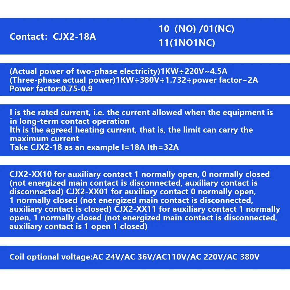 CJX2-1810 LC1 AC Contactor 18A 3 Phase 3-Pole NO Coil Voltage 380V 220V 110V 36V 24V 50/60Hz Din Rail Mounted 3P+1NO Normal Open