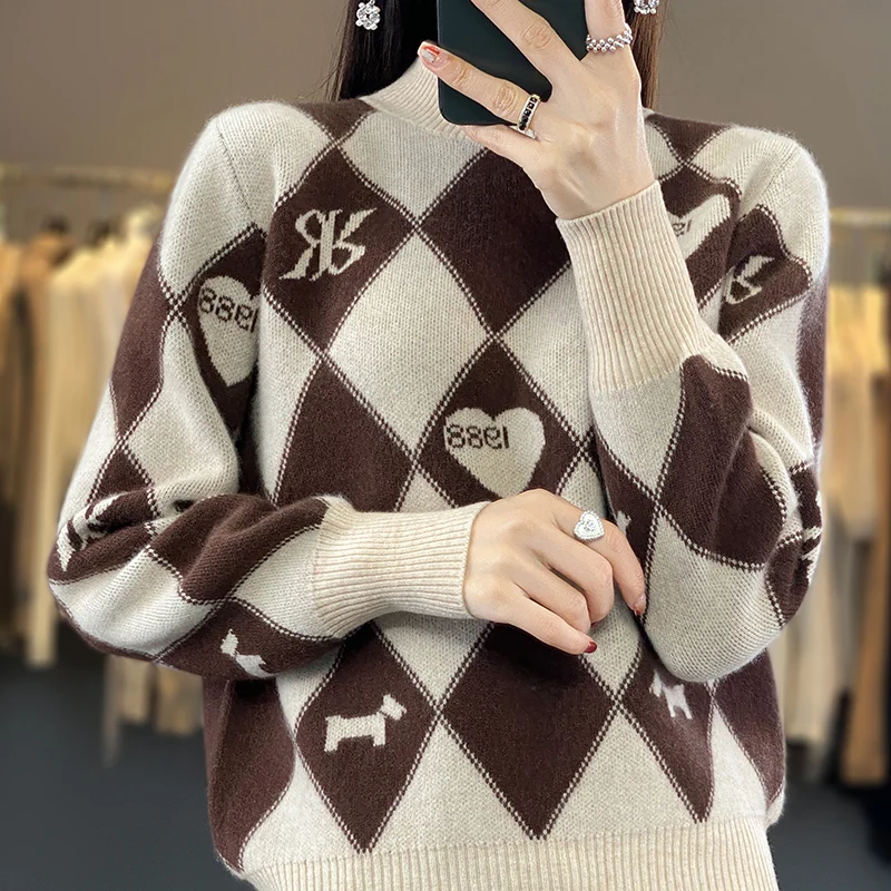 Autumn and winter new pure wool cashmere sweater women's jacquard pullover semi-turtle neck loose plus size padded top shirt