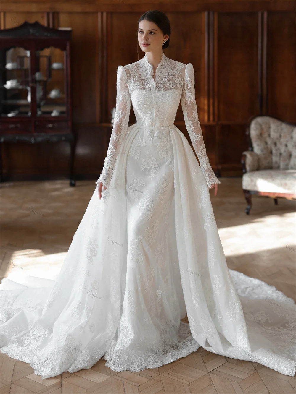 Funyue High Neck Long Sleeve Lace Wedding Dress Women Elegant Luxury Mermaid Bridal Dresses with Detachable Train Customized
