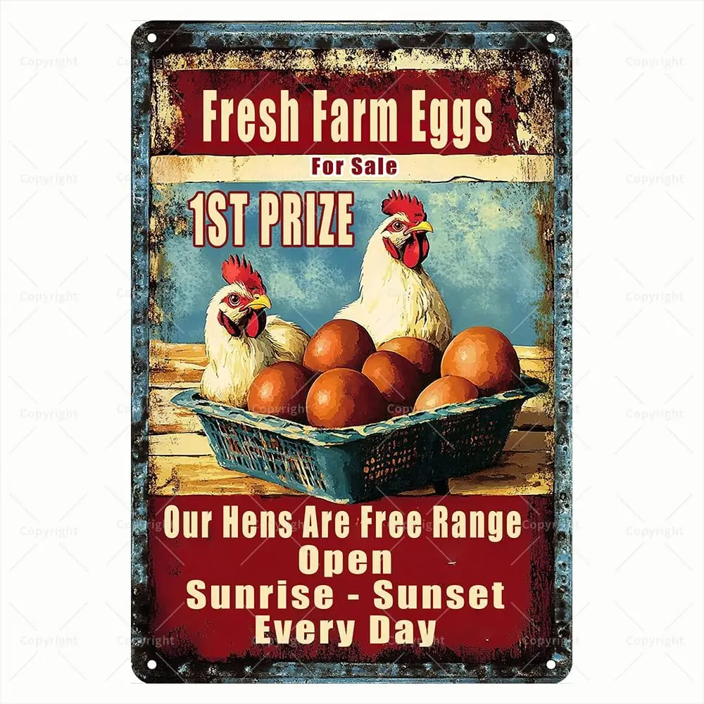 Vintage Tin Sign - Fresh Farm Eggs For Sale Free Range Chickens with 1st Prize Eggs Retro Metal Sign - Decorative Tin Sign for F