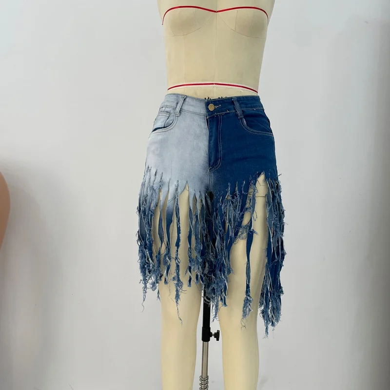 Blaue Kontrast Jeans Shorts Damen Sommer Fransen Stretch High Taille Jeans Short Style Damenmode sexy Jeans shorts xl