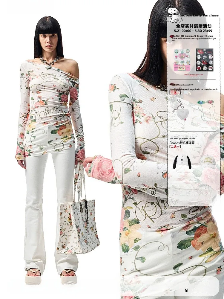 

1JINN STUDIO Vacation Style Floral Print Off-Shoulder Semi-Transparent Women's Mid-Length Slim Fit Long Sleeve Top