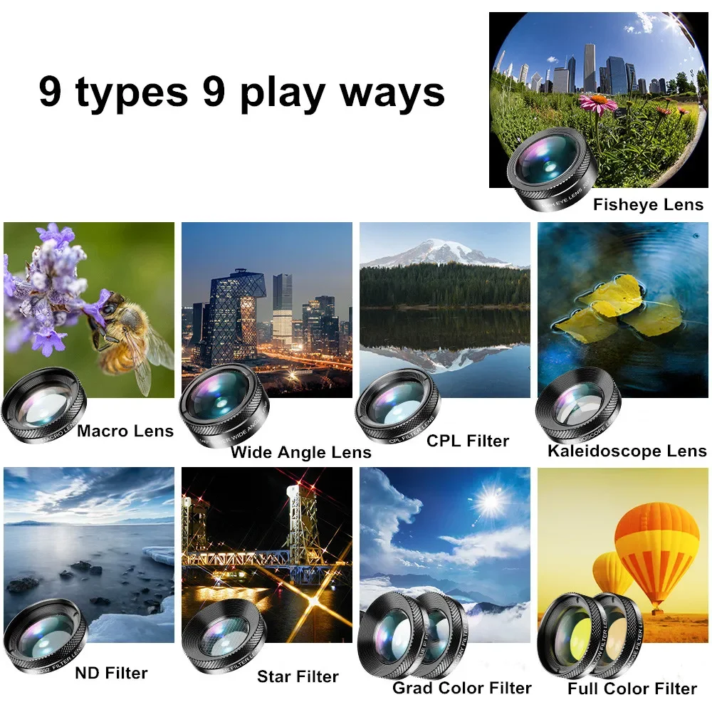Pop 11 In 1 Phone Camera Lens Kit Fisheye Wide Lens Full Colorgrad Filter CPL ND Star Filter For IPhone Xiaomi All Smartphone
