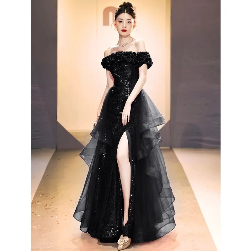 

Black off-Shoulder New Light Luxury Sequin Banquet Host Art Examination Meeting Dress