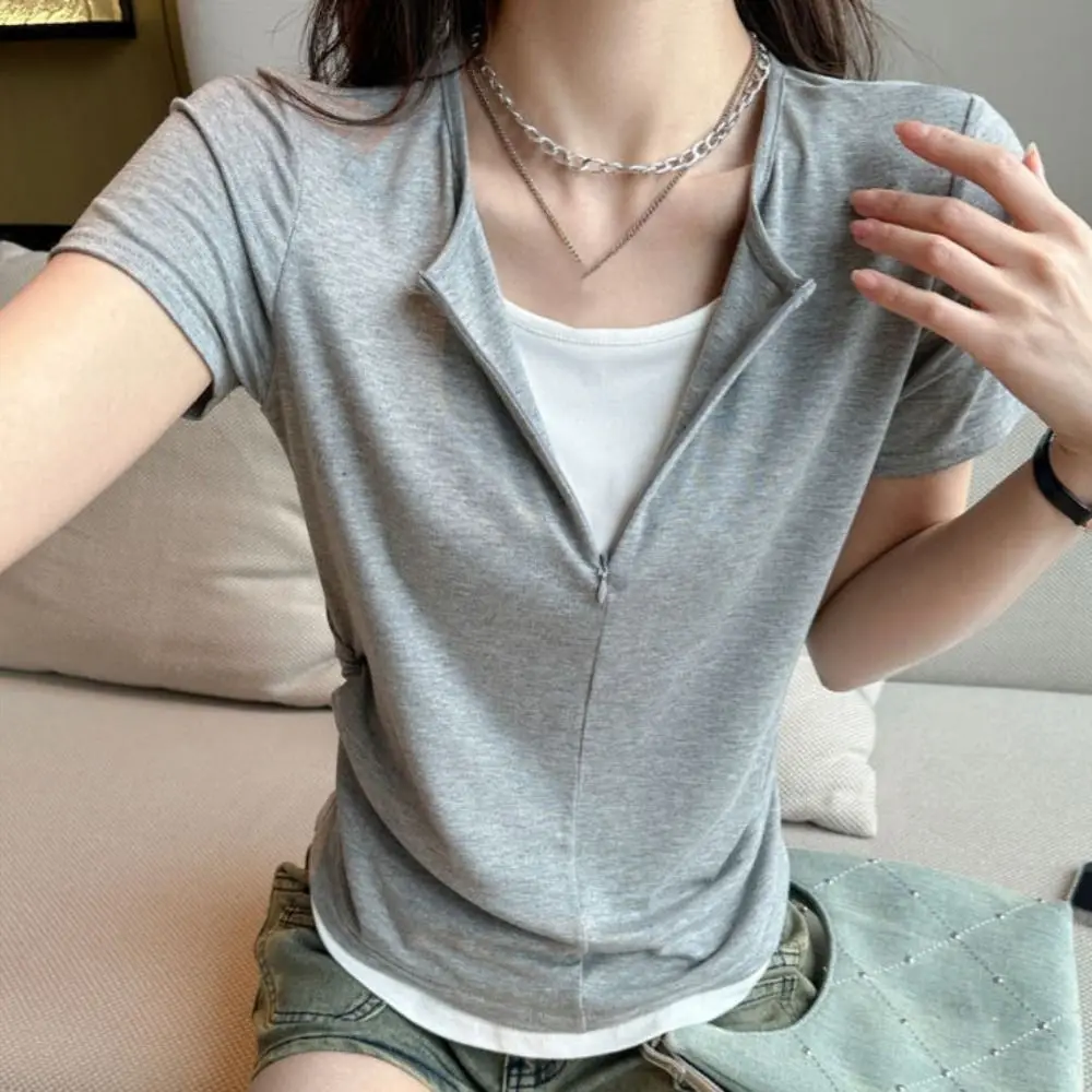 

Ins Y2K Fake Two Pieces Top Patchwork V-neck Slim Crop Top Women Undershirts Chic Short Sleeve T-shirts Summer