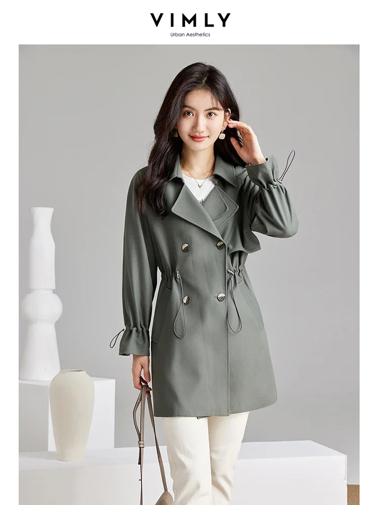 Vimly Korean Style Trench Coats for Woman 2023 Autumn Fashion Outerwear Classic Lapel Drawstring Slim Long Sleeve Overcoat M2902