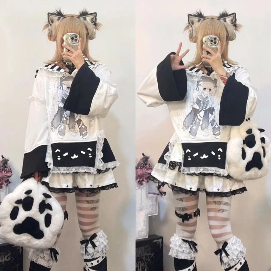 ثقافة فرعية اليابانية تي شيرت المرأة كم طويل مطبوعة مثير تيز أبلى Kawaii الملابس بلوزة مطبوعة Y2k بلايز شيك Harajuku #5