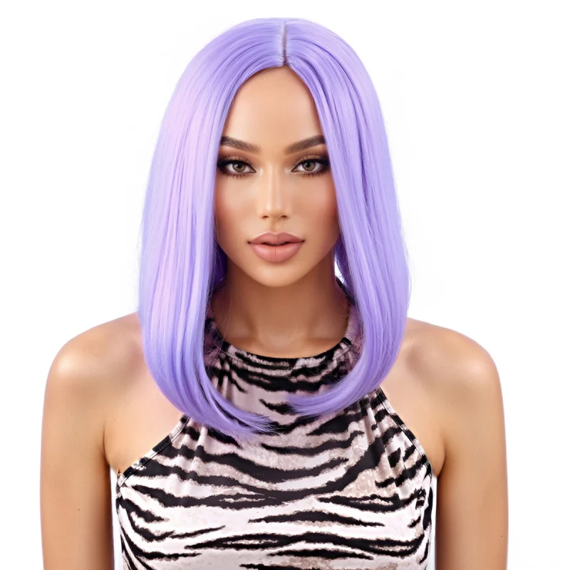 Light purple middle-parted BOB wig with inward curls, shoulder-length short straight hair, natural-looking, suitable for daily c