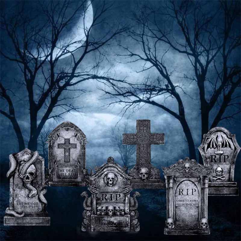 3/6Pcs 2024 Halloween Tombstone Decor Skull Tombstone RIP Letters Bad Omens Haunted House Decor for Patio Garden Frighten Kids