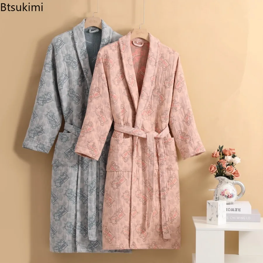 

Pure Cotton 4Layer Gauze Kimono Robe New Arrived Couple Lapel Bathrobe Nightgown Autumn Winter Home Clothes Soft Hotal Spa Robes