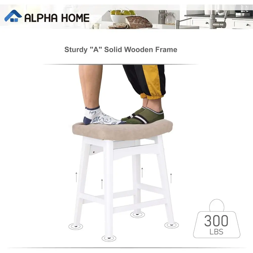 Par de bancos de bar de madeira maciça de 24 polegadas com almofadas de couro PU bege para áreas de cozinha e jantar