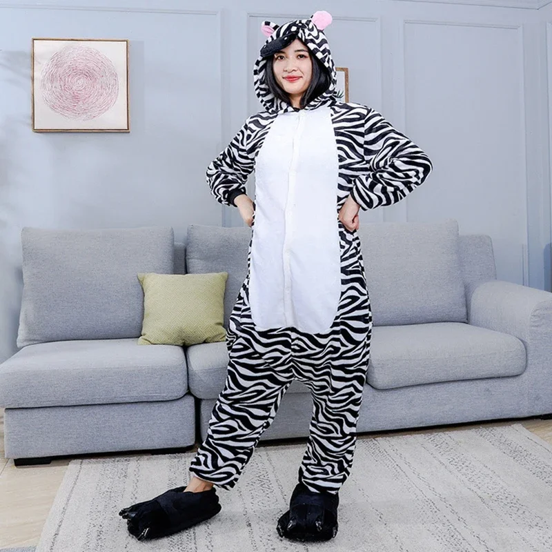 Adult Onesie Pajamas Cartoon Zebra Cosplay Costume Animal Warm Plush Homewear Sleepwear Jumpsuit for Men Women Girls Boys Teens