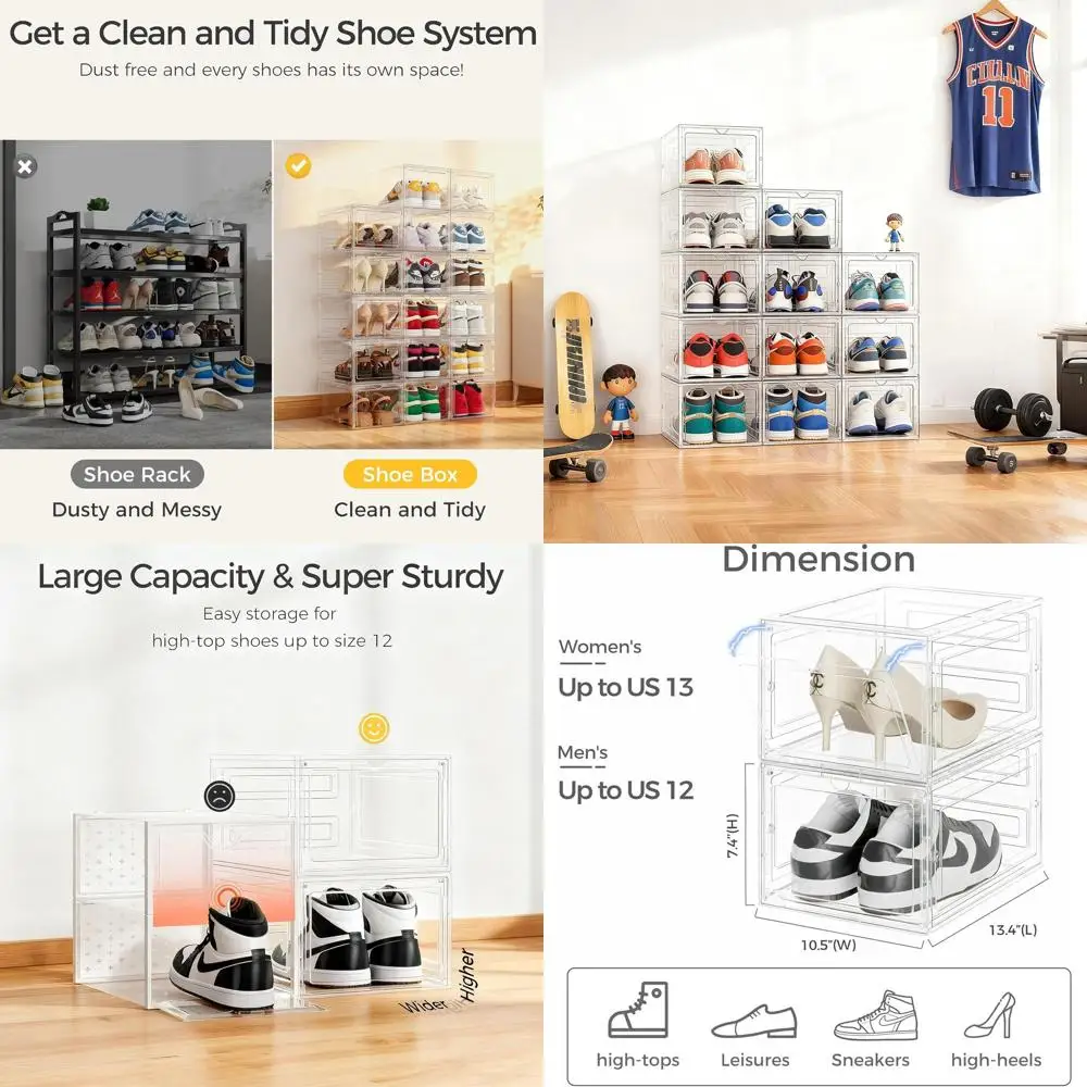 

X-большие прозрачные пластиковые коробки для хранения обуви, 12 шт., штабелируемые с магнитной дверью, подходят для обуви размером 12,