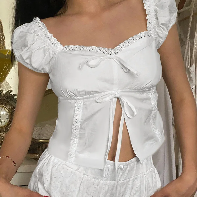 

Lace Trim Short Sleeve Tie Top2025European and American Summer Sexy Hot Girl Slit VersatileTWomen's T-shirt
