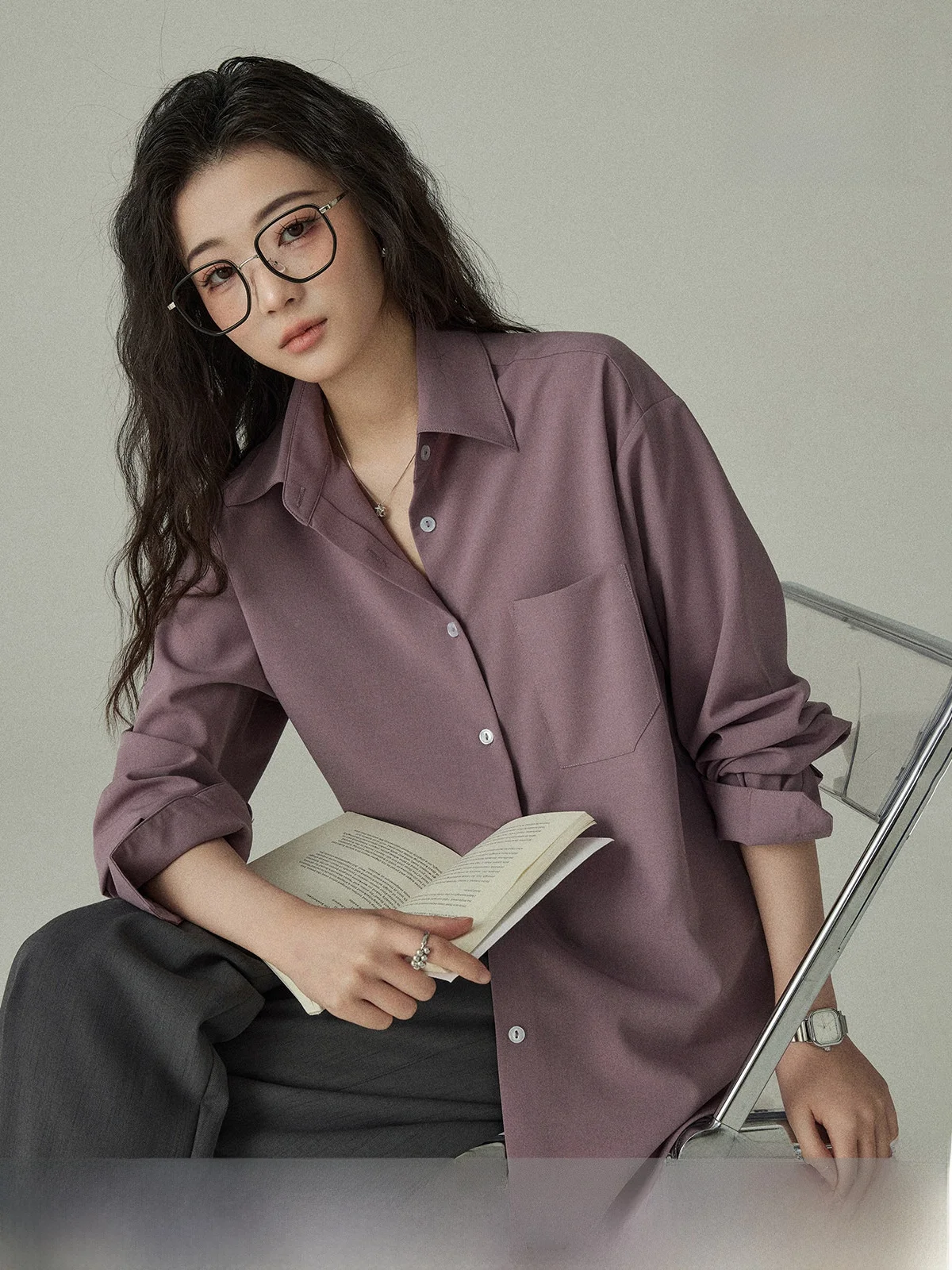 

Yakejia Long Sleeve Loose Women's Shirt Thin Vine Purple Commute Style Korean Trendy Spring Autumn Fashionable Casual Shirt