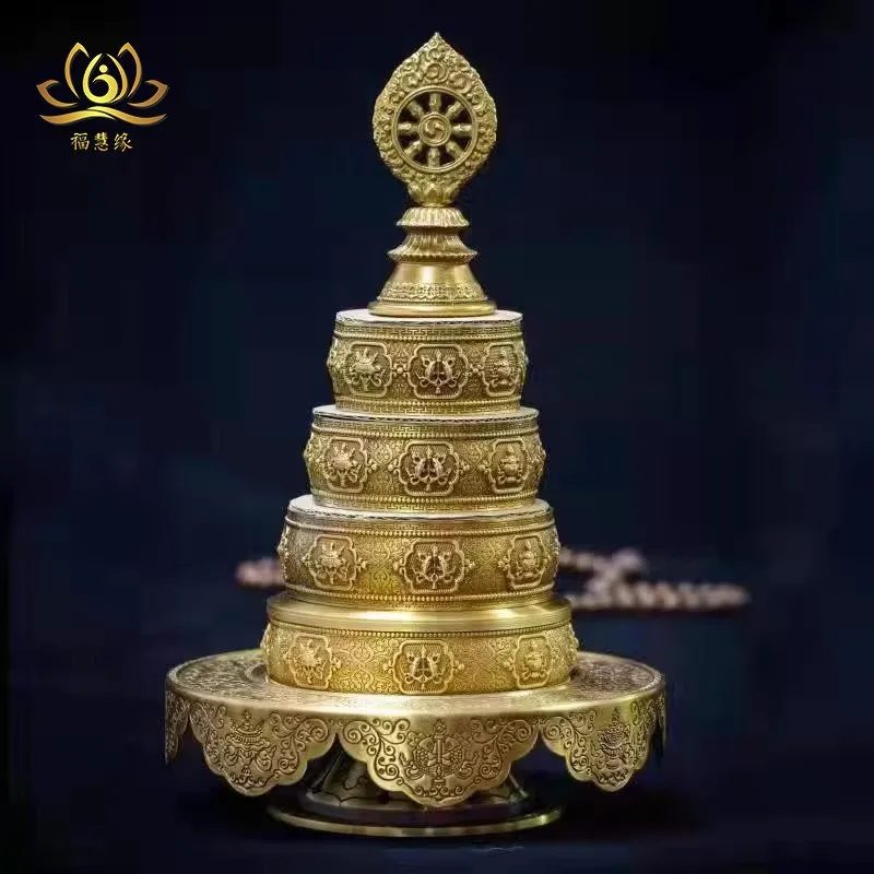 Pure copper Tibetan-style Eight Auspicious Symbols tray, used for offering and practicing mandala rituals