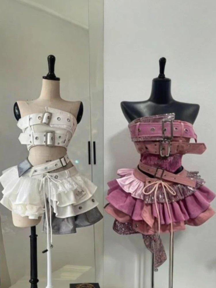 

Aesthetic Sexy Slim 2 Piece Set Women Strapless Tops Gothic Punk Harajuku High Waist Skirt Summer Grunge Streetwear Outfit New