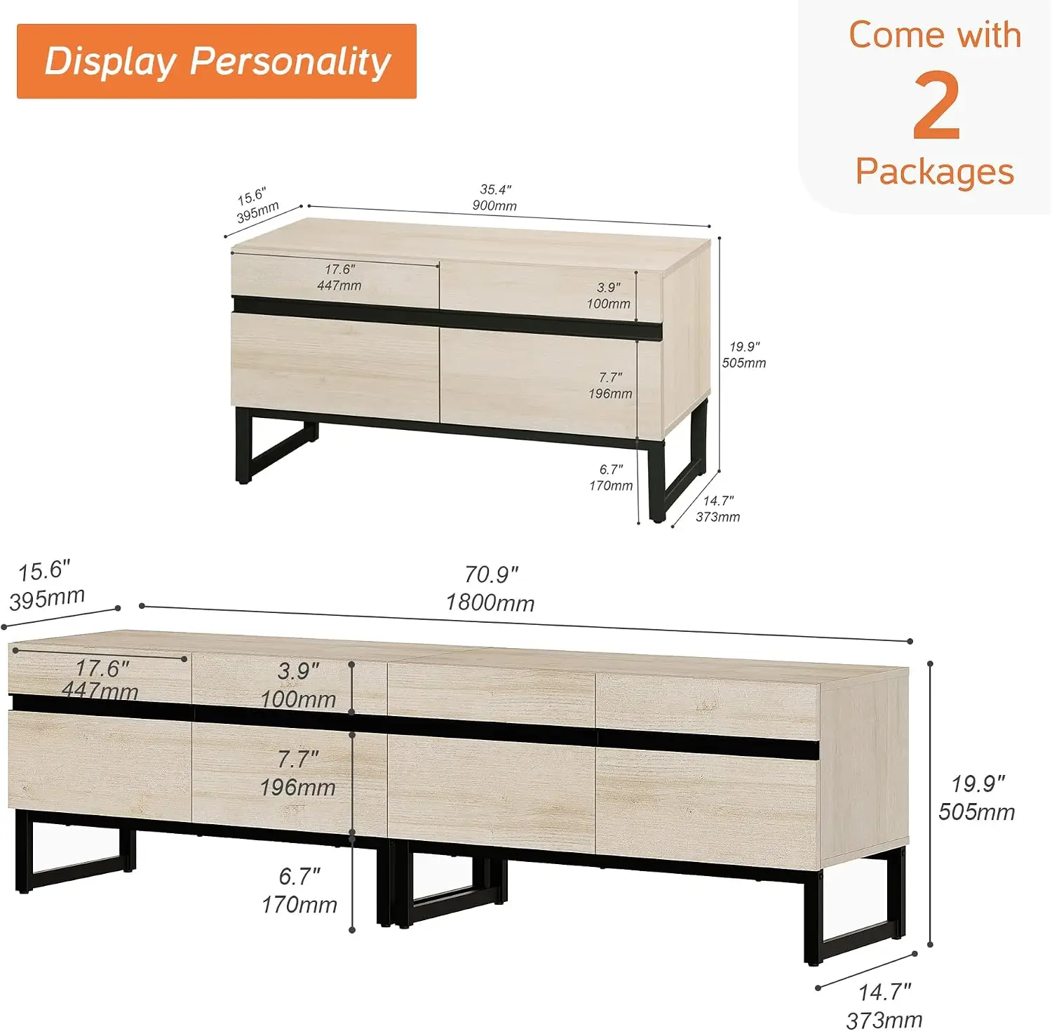 Modern TV Stand 50-75 Inch TVs Oak Entertainment Center Metal Base Storage Cabinets Media Console Living Room 2Pcs