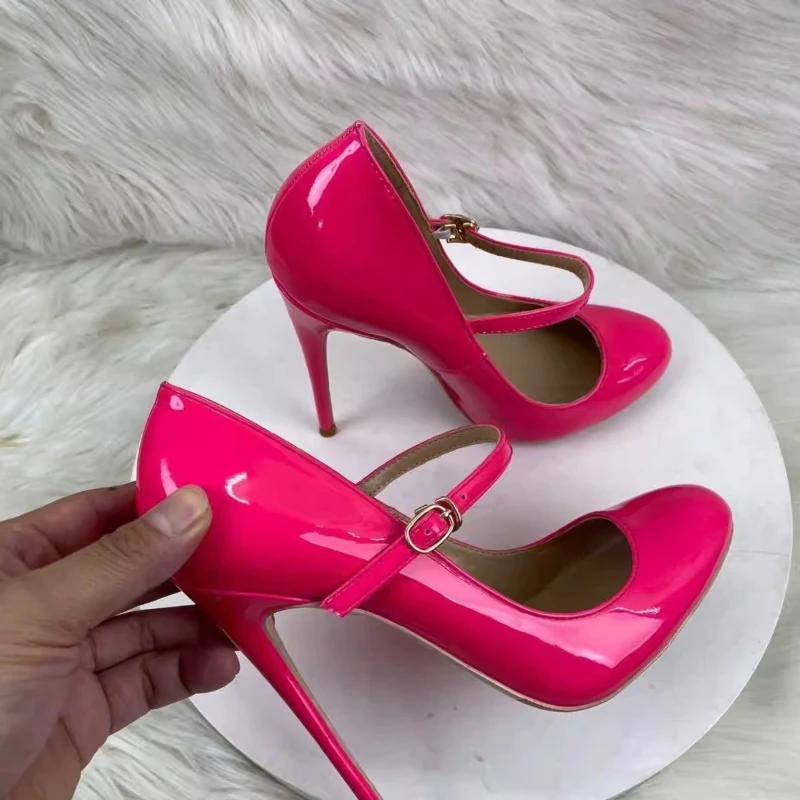 plus Size round Toe High Heels Hepburn Style French Slim Retro 12cm Heel Single Button Strap with Reverse String Detail