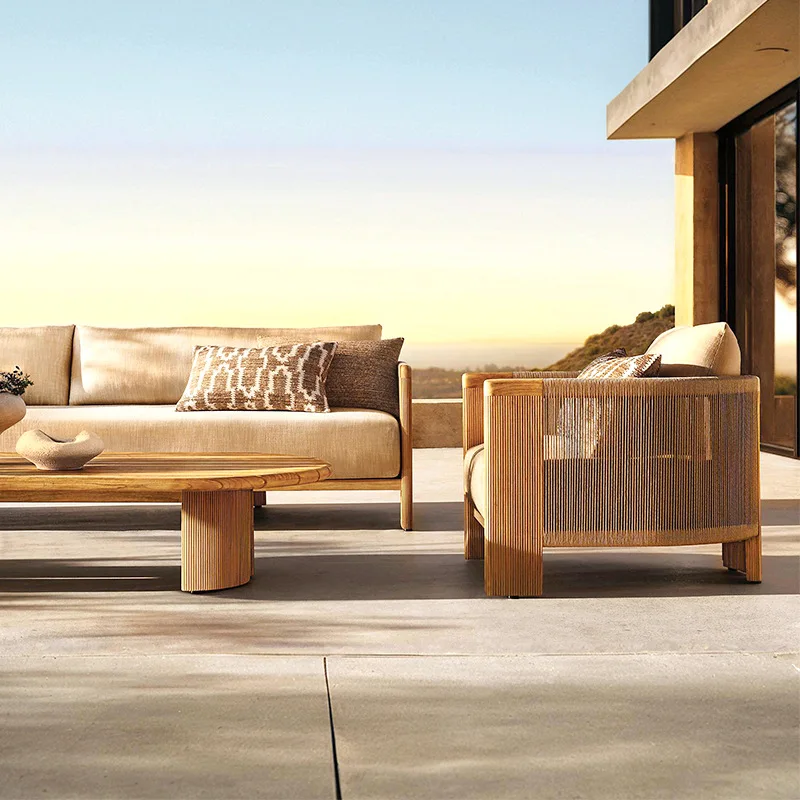 ！@Luxury Nordic Outdoor Teak Sofa Set with Anti-Corrosion Finish and Waterproof Cushions for Hotels Villas Gardens & Courtyards