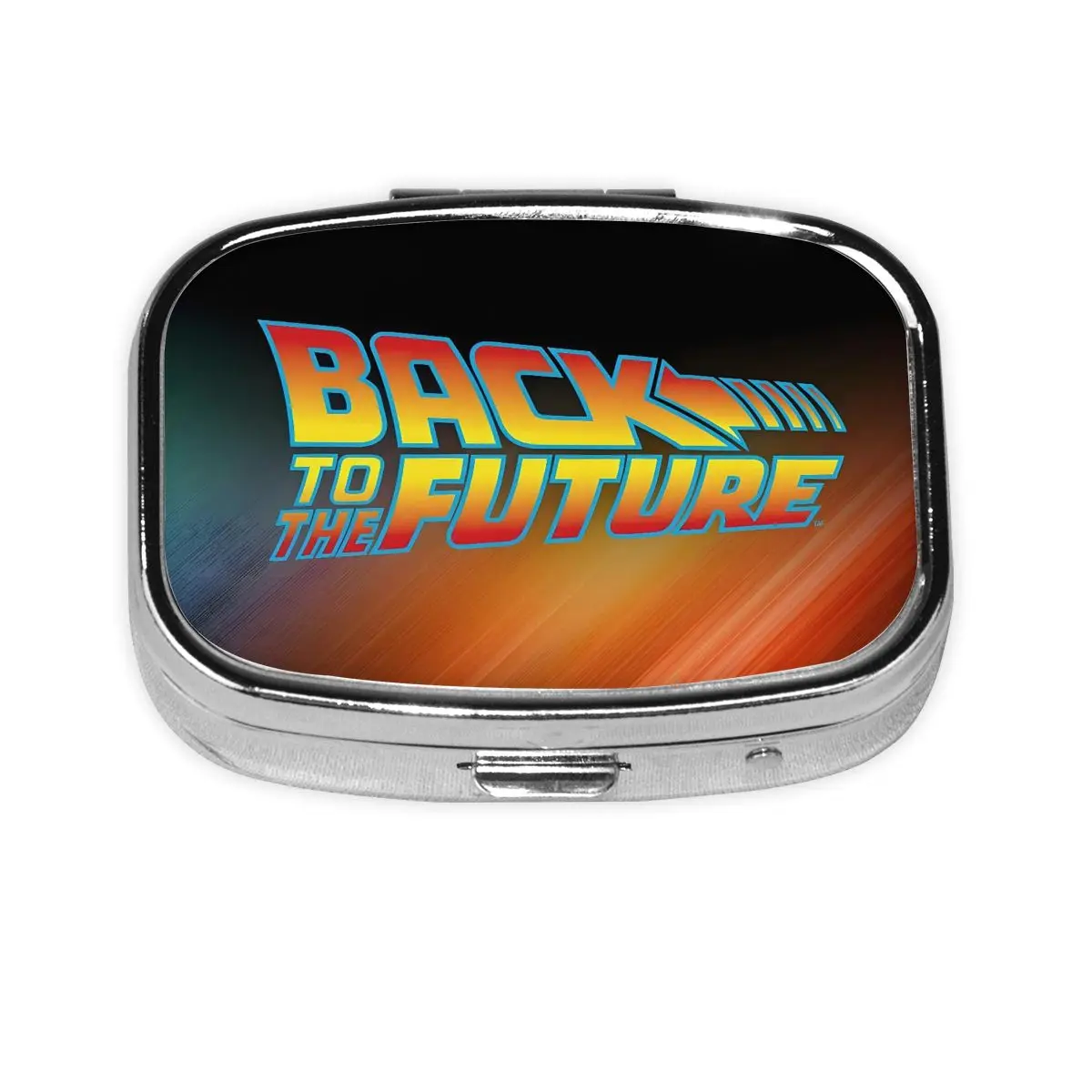 العودة إلى المستقبل صندوق حبوب معدنية مدمج لفيلم كوميدي الخيال العلمي مكون من قطعتين حاوية منظم حبوب مربع للسفر