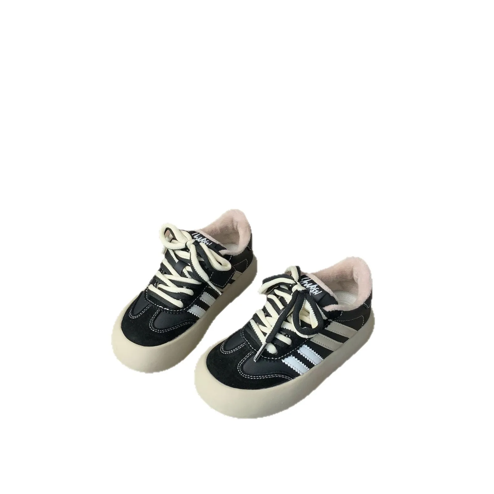 

Новые зимние детские полосатые плюшевые теплые нескользящие кроссовки для мальчиков и девочек, модные универсальные кроссовки для бега для маленьких студентов