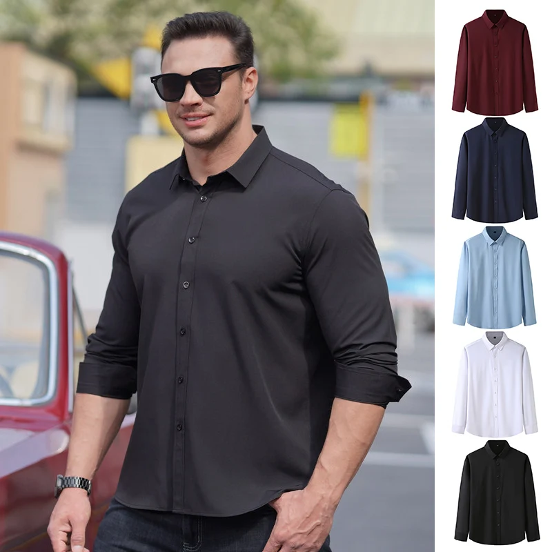 

Pop Oversized Business Soild Long Sleeved Anti-Wrinkle Stretch Slim Elastic Fit Male Men Social Formal Shirt 6XL 7XL 8XL