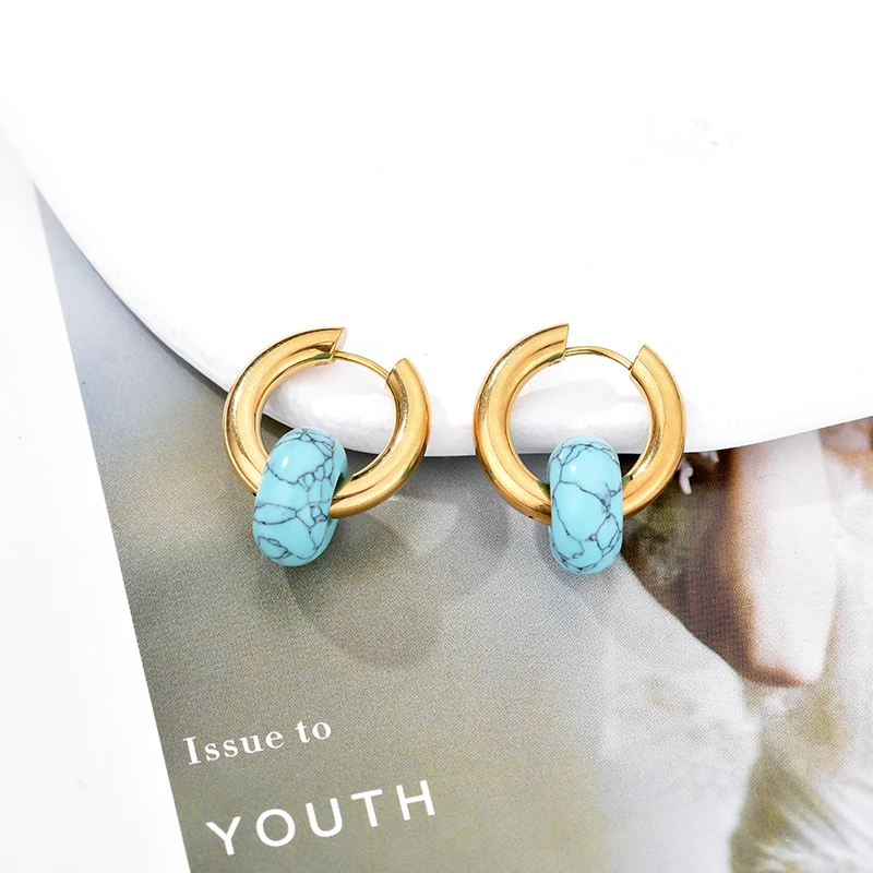 Women's Natural Stone Round Bead Hoop Earrings, Turquoise