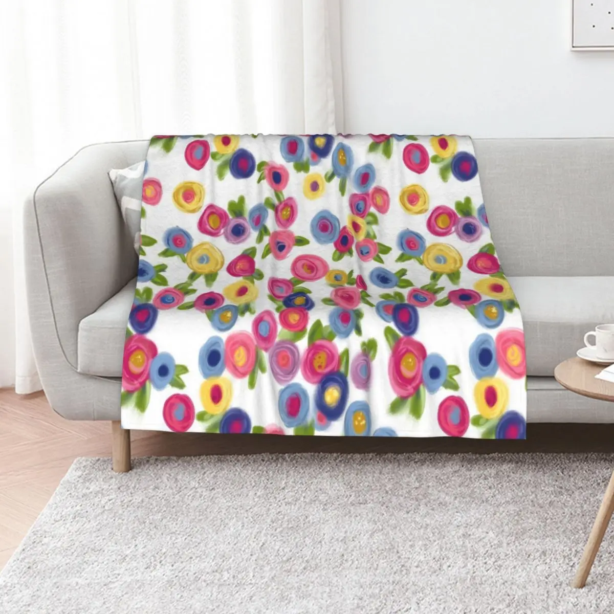 Rose Garden Rose Flowers Cottage Garden blue purple pink orange turquoise Throw Blanket Plaid on the sofa Hairys Blankets
