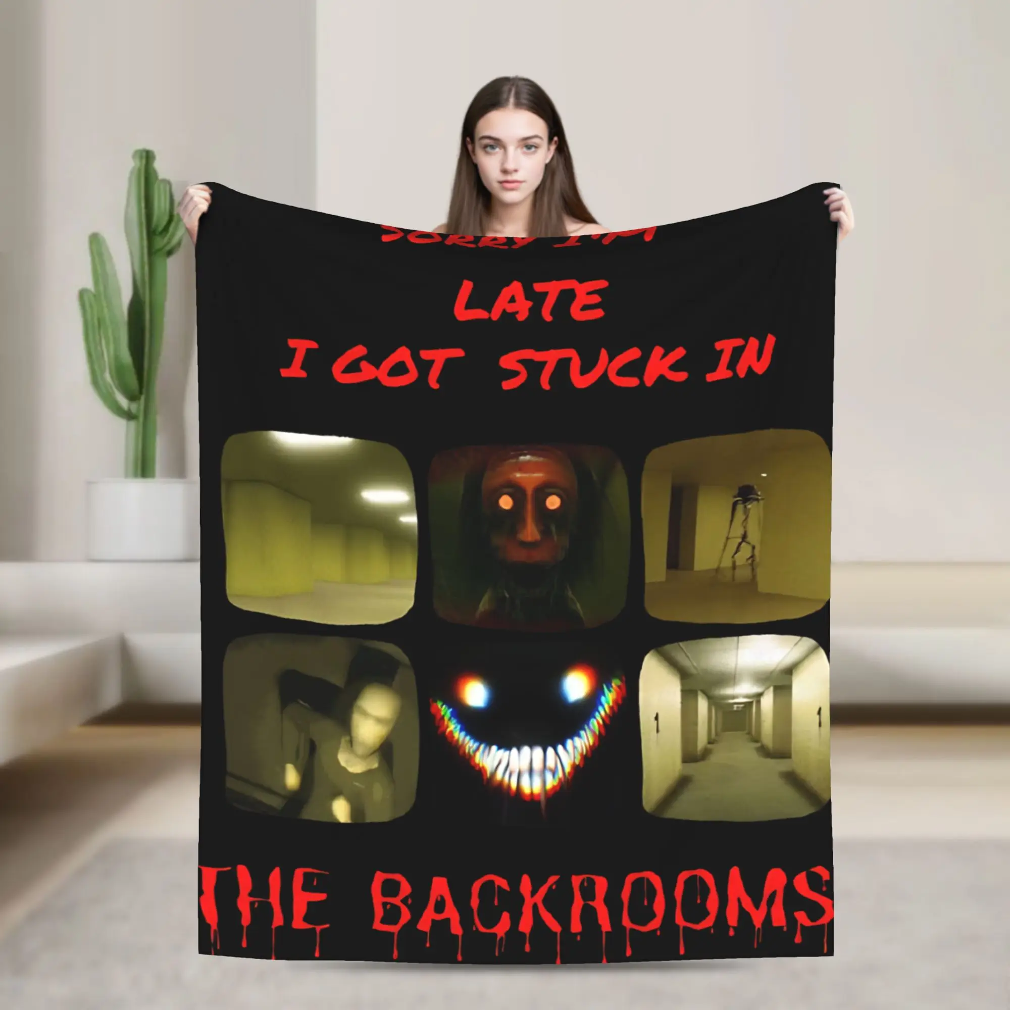Soft Warm BlanketKids Picnic Bloody Text Backrooms Entity Meme Art Throw Blanket Flannel Bedspread For Home Decor Sofa Bed Cover