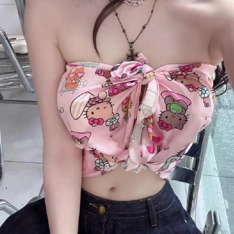 Sanrio Kitty Sweetheart Women Tube Tops Pure Desire Cartoon Sexy Print Off-Shoulder Beach Seaside Summer Hot Girls Satin Trend