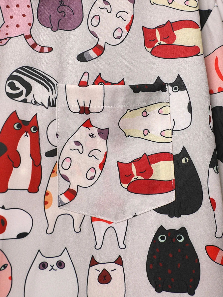 Oversized Loose Short Sleeve Shirt Men Print Cartoon Cat Retro Hiphop Casual Shirts for Summer Beach Hawaiian Clothing