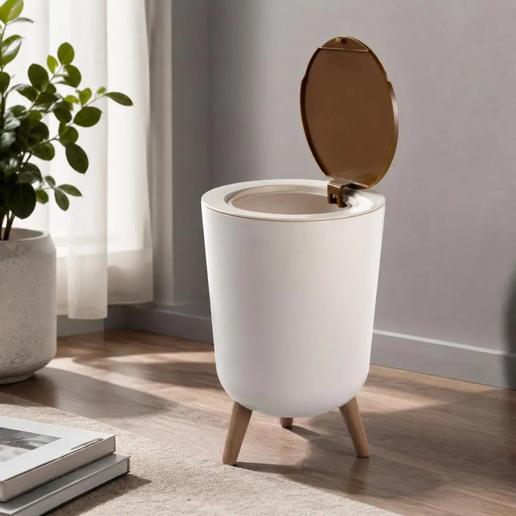 Nordic‑Style Press‑Top Trash Can, White Round Plastic Waste Bucket With Wood‑Grain Lid & Elevated Legs, Decorative Household Garbage Bin For Cozy Bedroom & Living‑Room