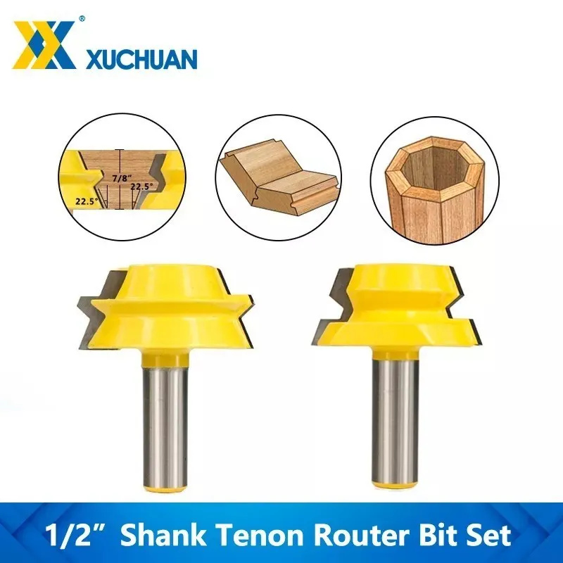 2pcs 22.5 Degrees Lock Miter Router Bit 1/2 Shank Carbide Tenon Cutter Woodworking Milling Cutter