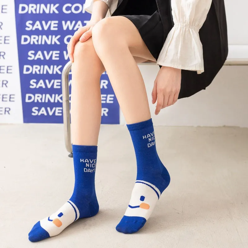 Women New Crew Socks Japanese Cartoon Smiling Face Printing Advanced Fashion Klein Blue Academy Style Ladies Cotton Socks K117