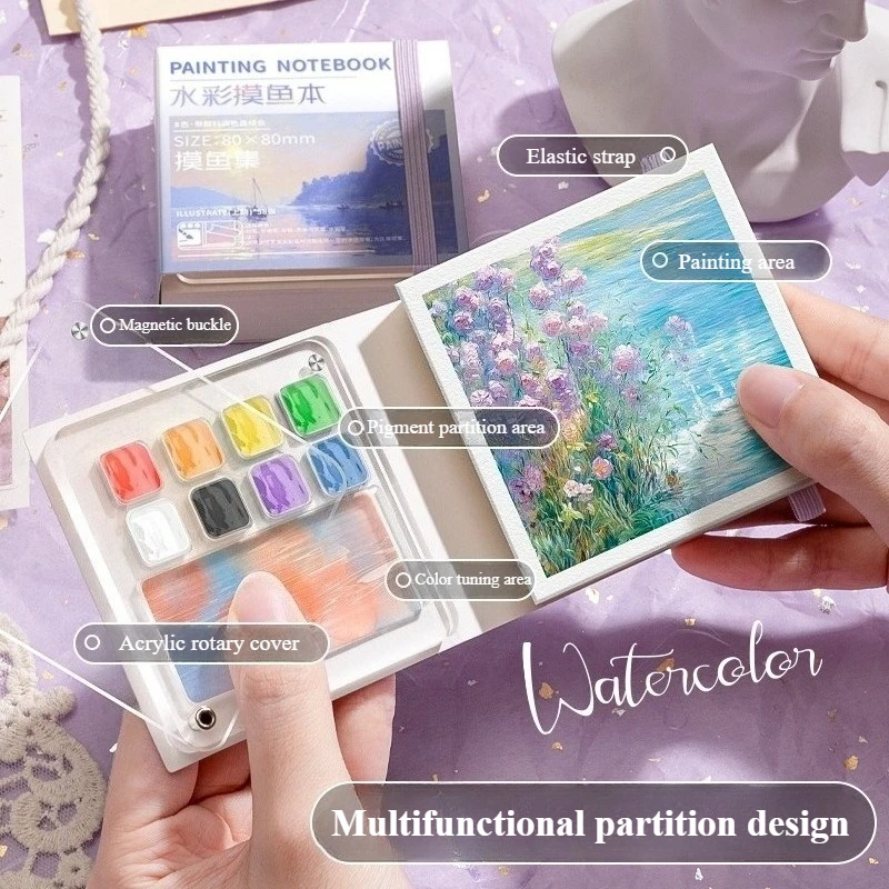 Watercolor Sketchbook 50 Sheets/100 Pages 80x80mm Comes with Palette Easy Portability for Outdoor Sketching Travel Records