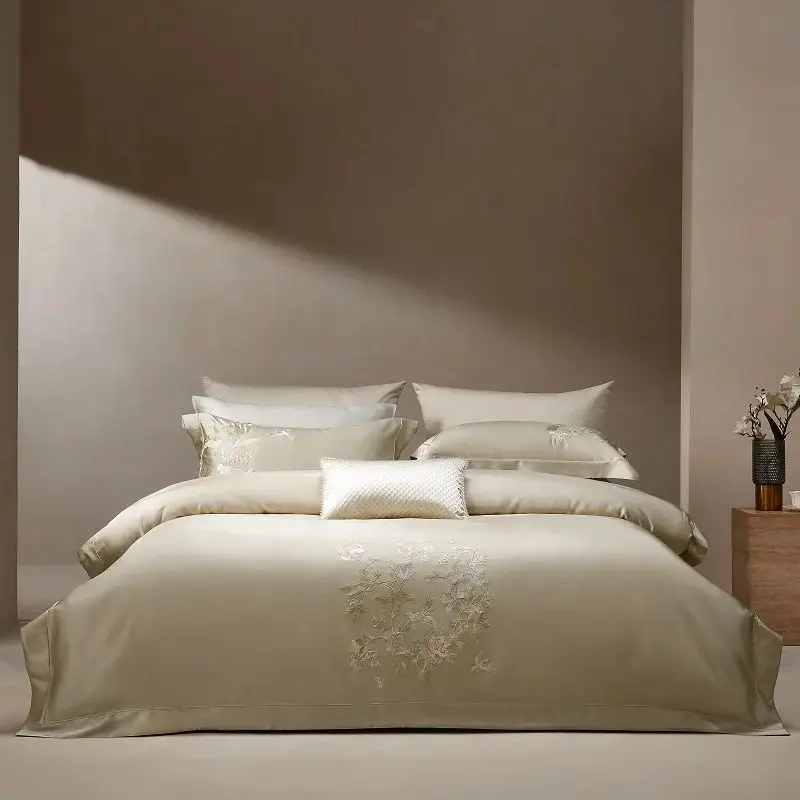 High Precision Brocade Lyocell Cotton Flowers Embroidery Luxury Bedding Set Duvet Cover Flat/Fitted Bed Sheet Pillowcases 4Pcs