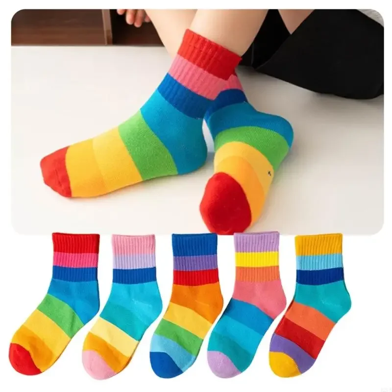 5-ペア-キッズ-ブライト-ストライプ-コットン-ソックス-通気性と伸縮性のあるふくらはぎ丈のソックス-3-～-12-歳の女の子用-15ub