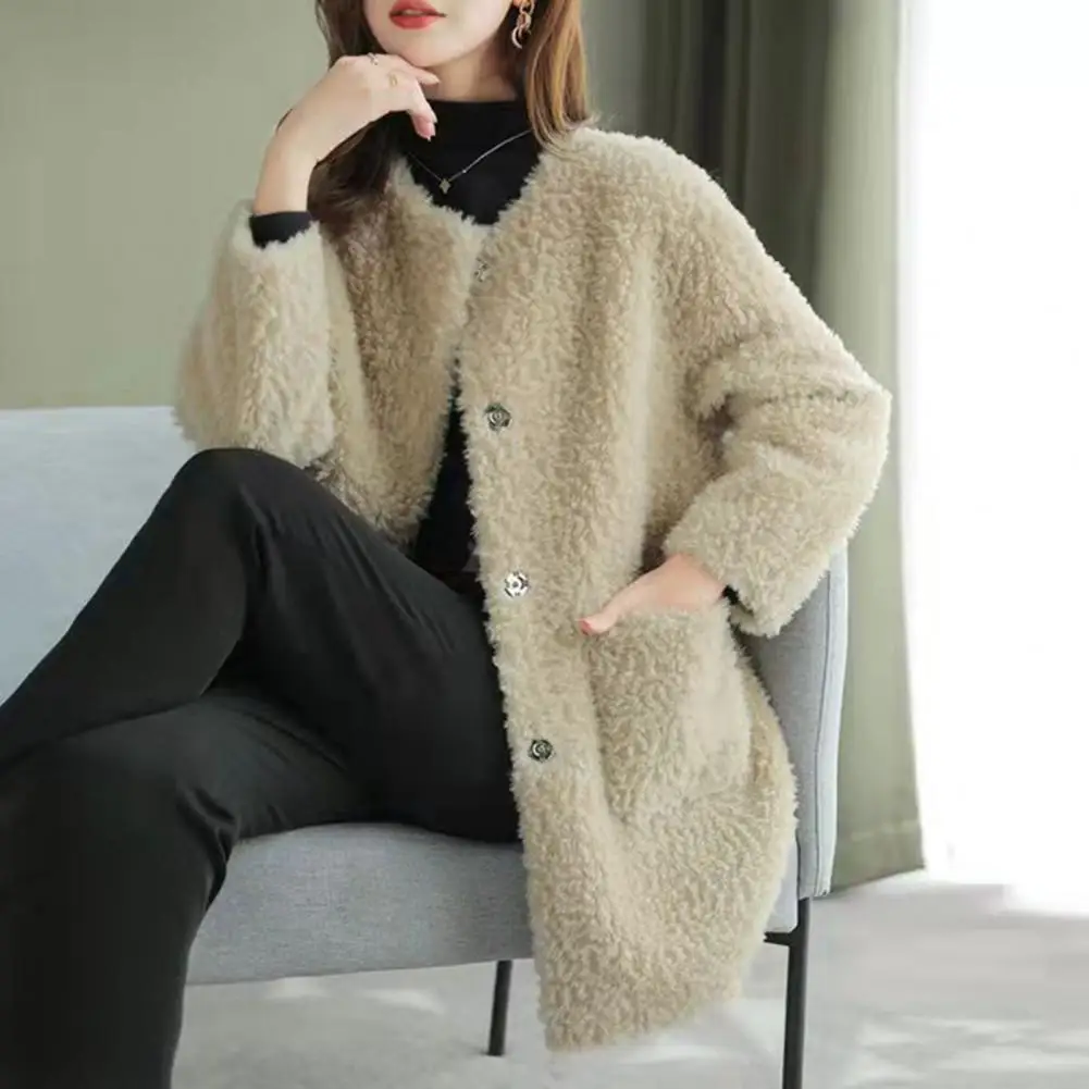 Single-breasted Women Coat Cozy Women's Winter Coat Double-sided Plush Thermal Cardigan with Windproof Design Long Sleeve