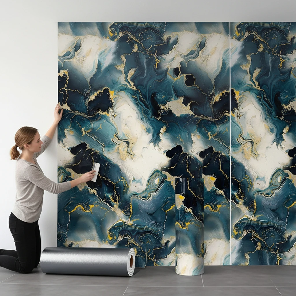 ورق جدران ذو تأثير رخامي قابل للتقشير واللصق، مادة مذهبة مقاومة للماء للترقية الداخلية للمنزل وتزيين جدار تلفزيون المطبخ #2