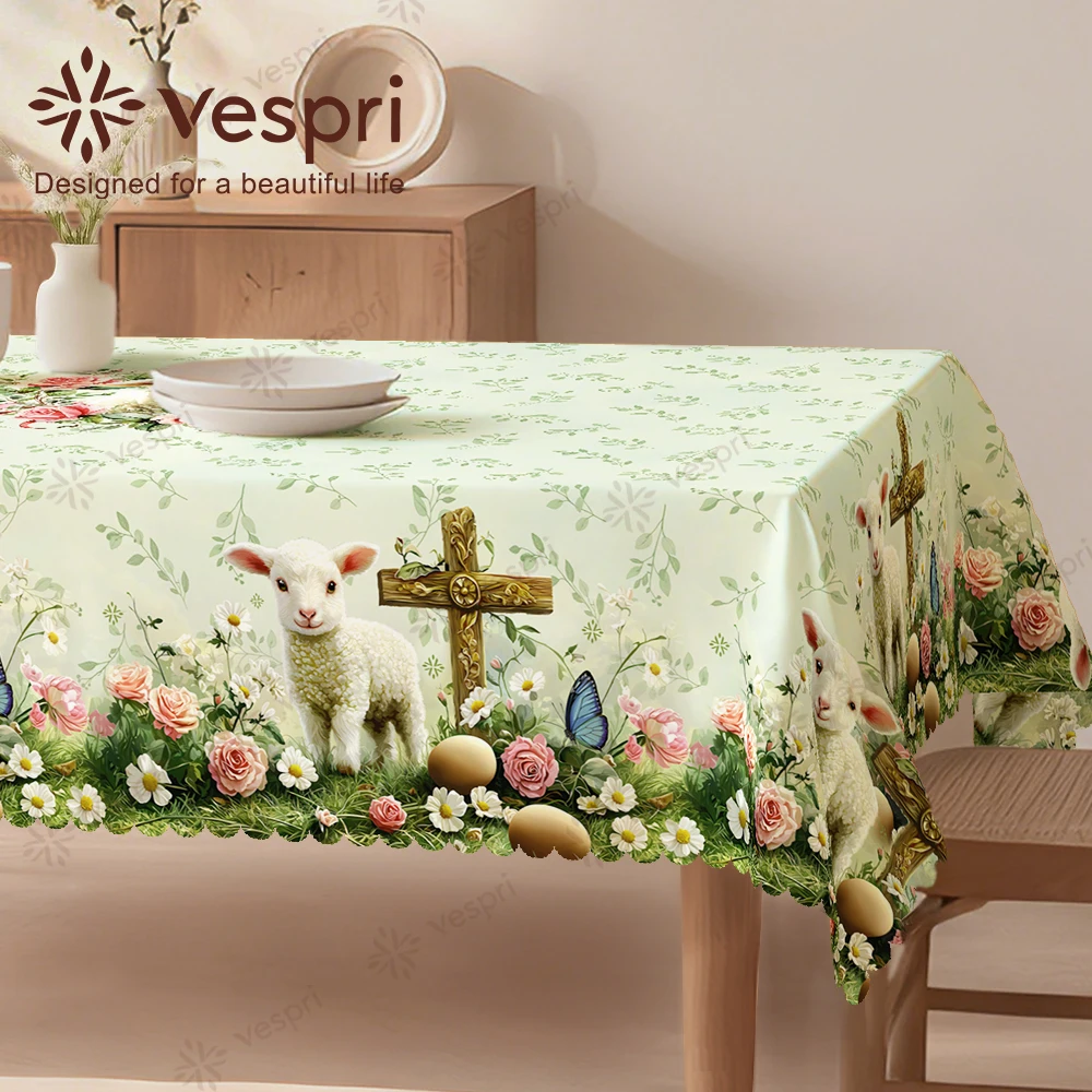Vespri Easter Tablecloth Green White Sheep Cross Flowers Decor Polyester for Restaurants Parties Round Rectangle Oval