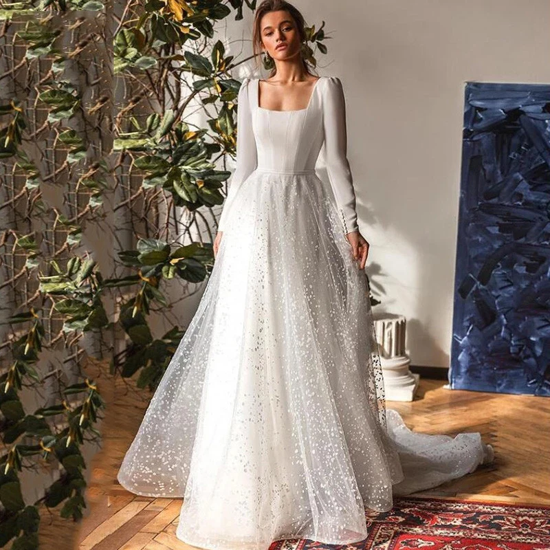 Robe de mariée élégante à manches longues pour dames, col carré blanc, licou à paillettes, satin, tulle, longueur au sol, robe de patients classique