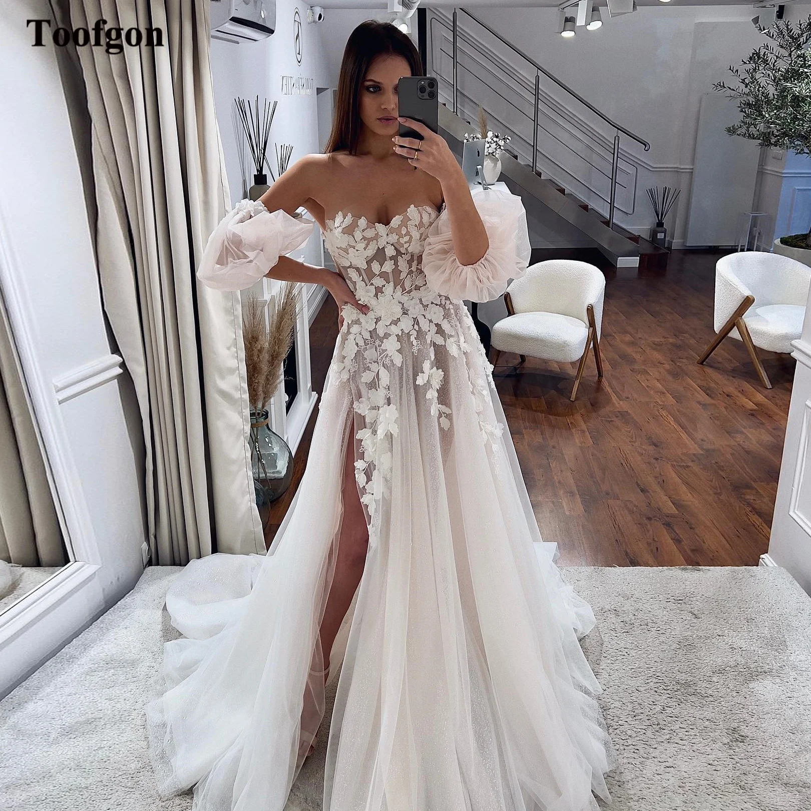 

Toofgon Boho A Line Lace Applique Wedding Dresses Shiny Dubai Women Short Sleeves Split Country Bridal Gowns Robe de mariage